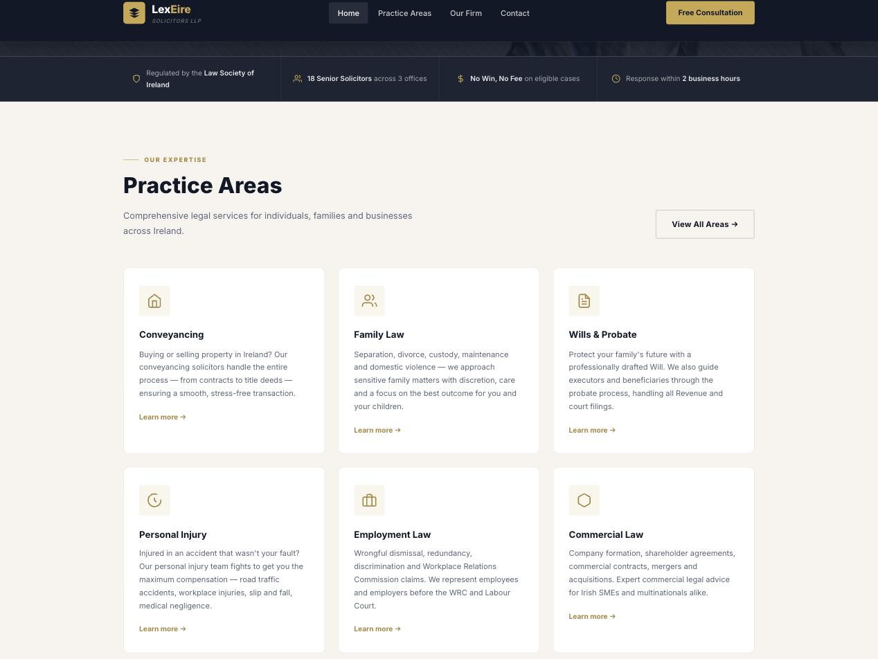 LexEire legal practice areas section for an Irish law firm