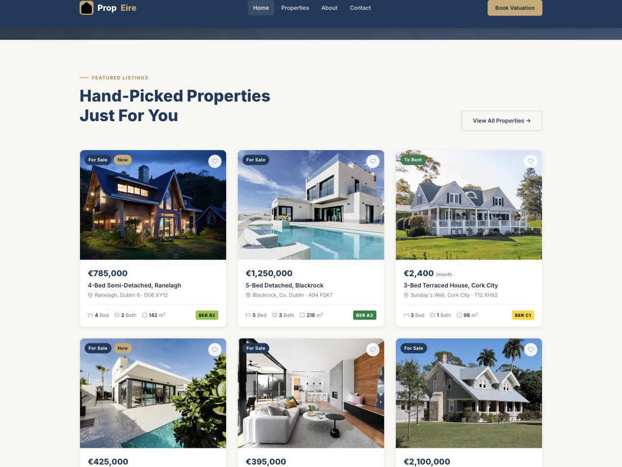 PropEire featured property listings with BER ratings across Ireland