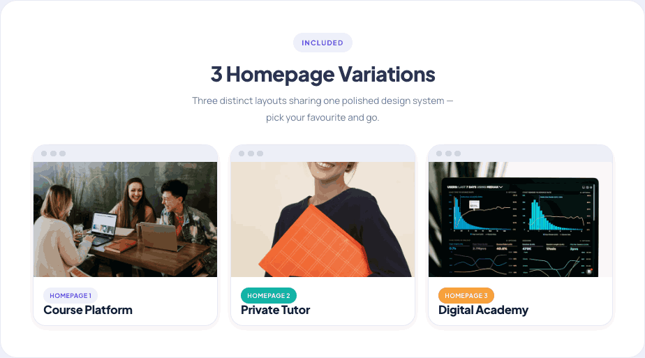 EduSphere — 3 homepage variations: Course Platform, Private Tutor and Digital Academy