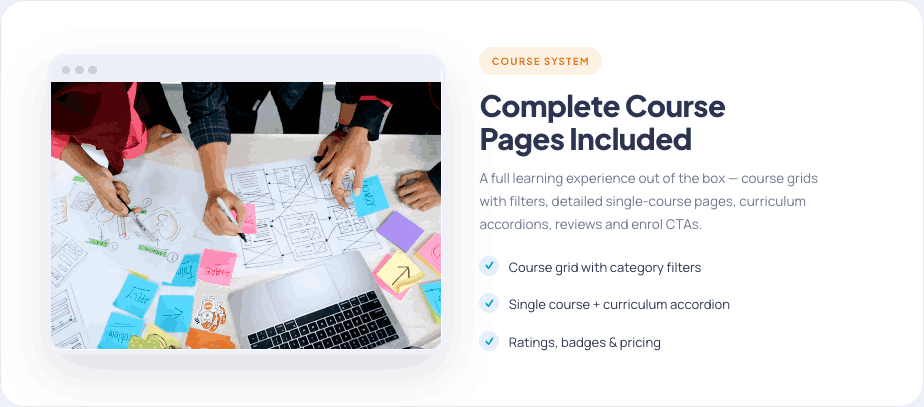 EduSphere — complete course pages with grids, filters and curriculum