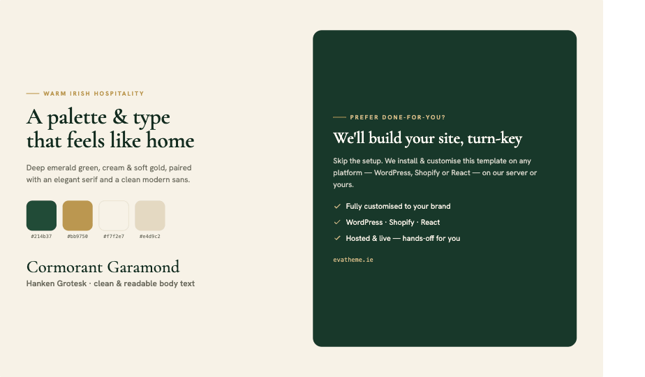 Emerald Stay — warm Irish colour palette and typography, turn-key setup available