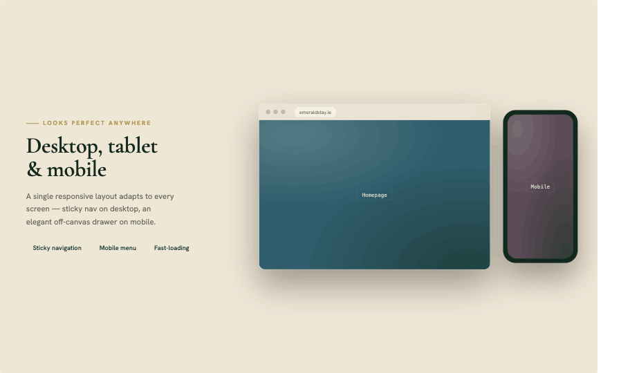 Emerald Stay — responsive layout on desktop, tablet and mobile