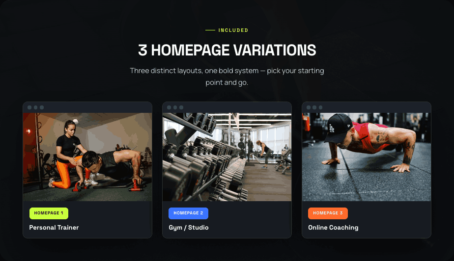 FitForge — 3 homepage variations: Personal Trainer, Gym / Studio and Online Coaching