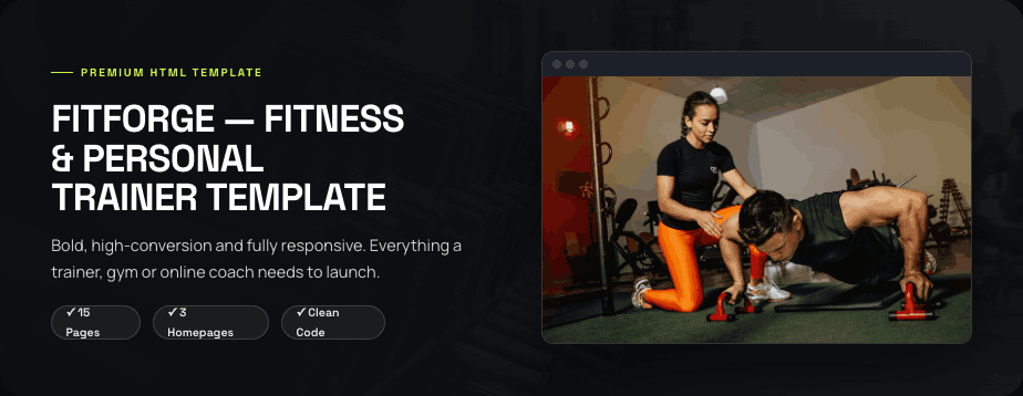 FitForge — Fitness & Personal Trainer HTML template hero with 15 pages and 3 homepages