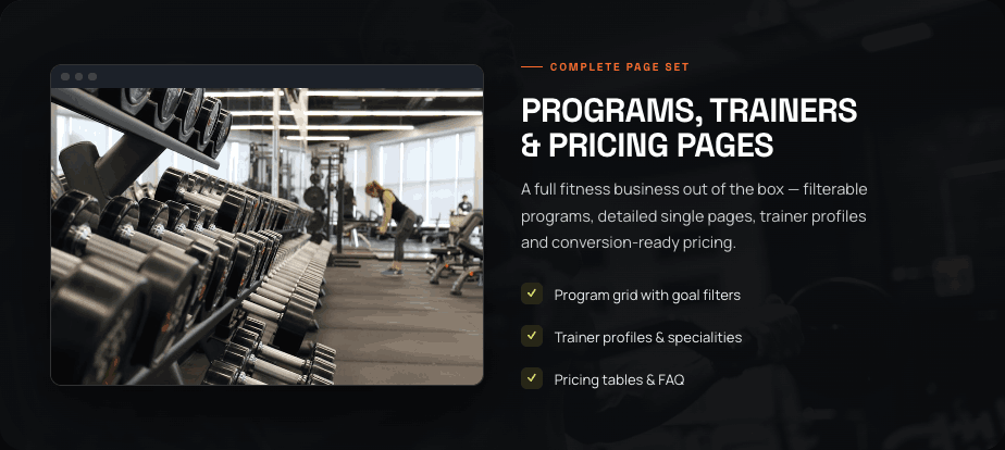 FitForge — programs, trainers and pricing pages with filters and conversion-ready layouts