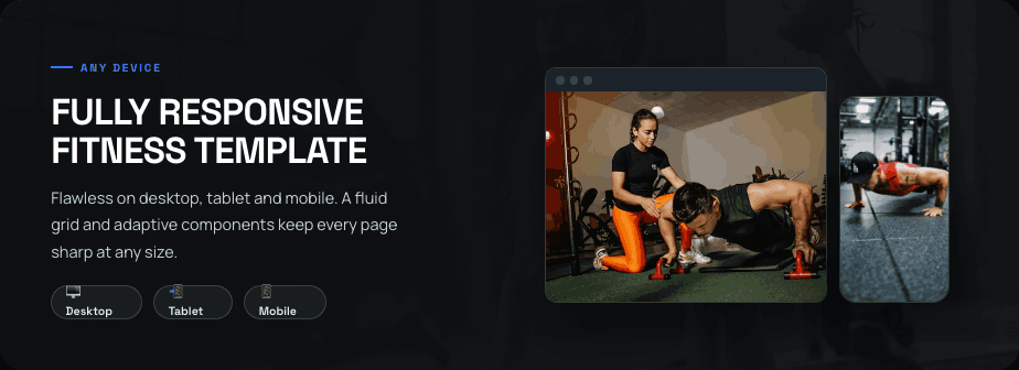 FitForge — fully responsive fitness template on desktop, tablet and mobile
