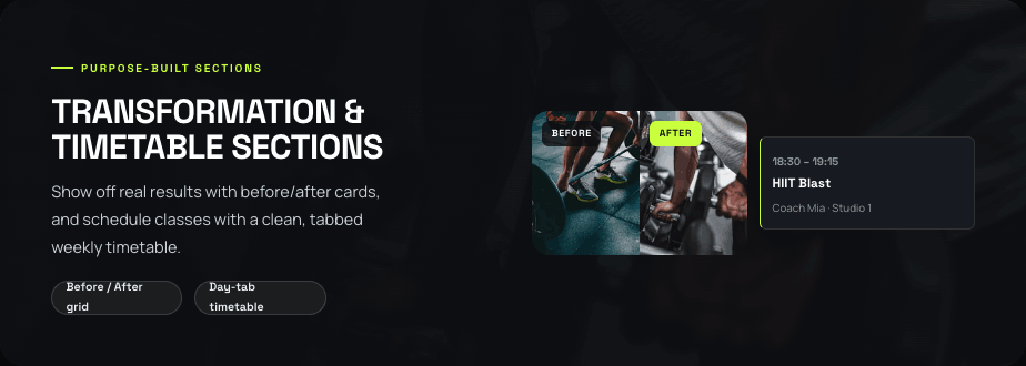FitForge — transformation before/after cards and tabbed weekly class timetable