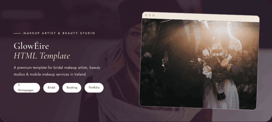 GlowÉire — Makeup Artist & Beauty Studio HTML template hero with 17 pages and 3 homepages